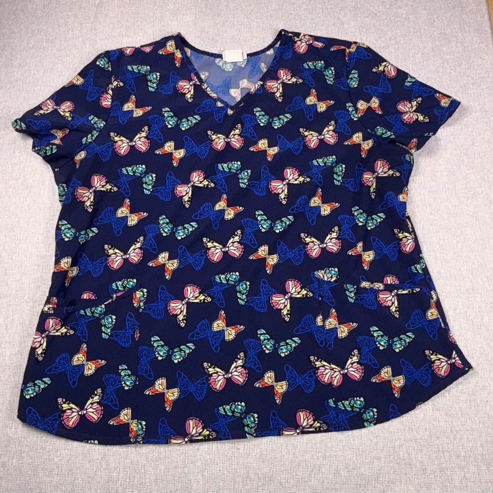 ScrubStar Womens 2XL Butterfly Print V-Neck Scrub Top Navy Blue